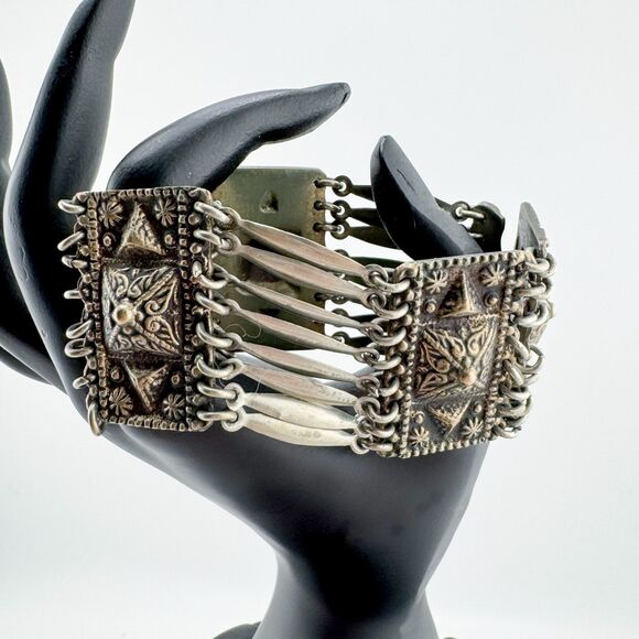 Vintage Mexico 925 Sterling Silver Panel Bracelet – Handcrafted Boho Design - Picture 1 of 12